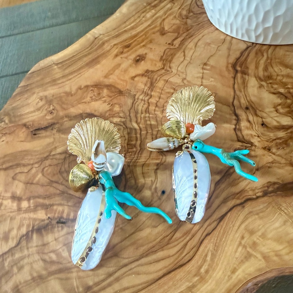 Gold Shell Drop Earrings with Turquoise Coral Accents
